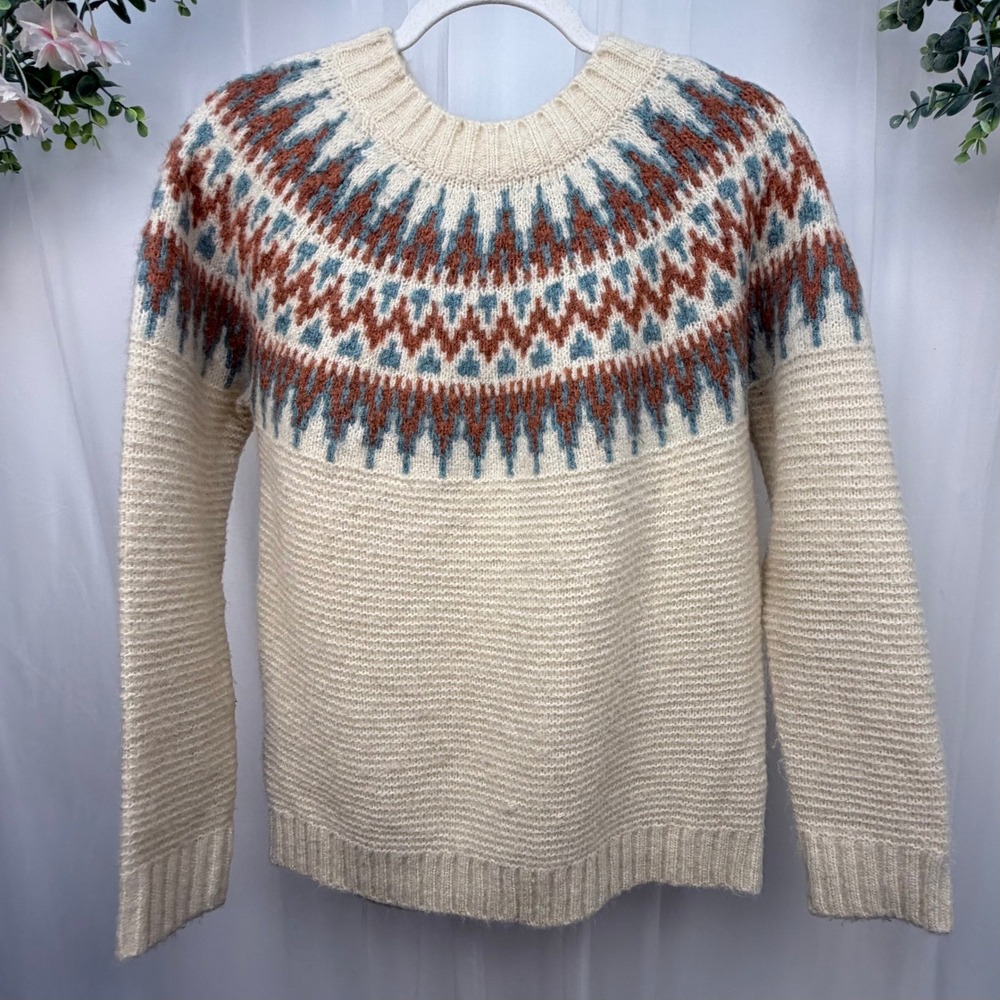 Mystree Womens Fair Isle Knit Sweater Cream Blue Orange Yoke Pullover 17428 S